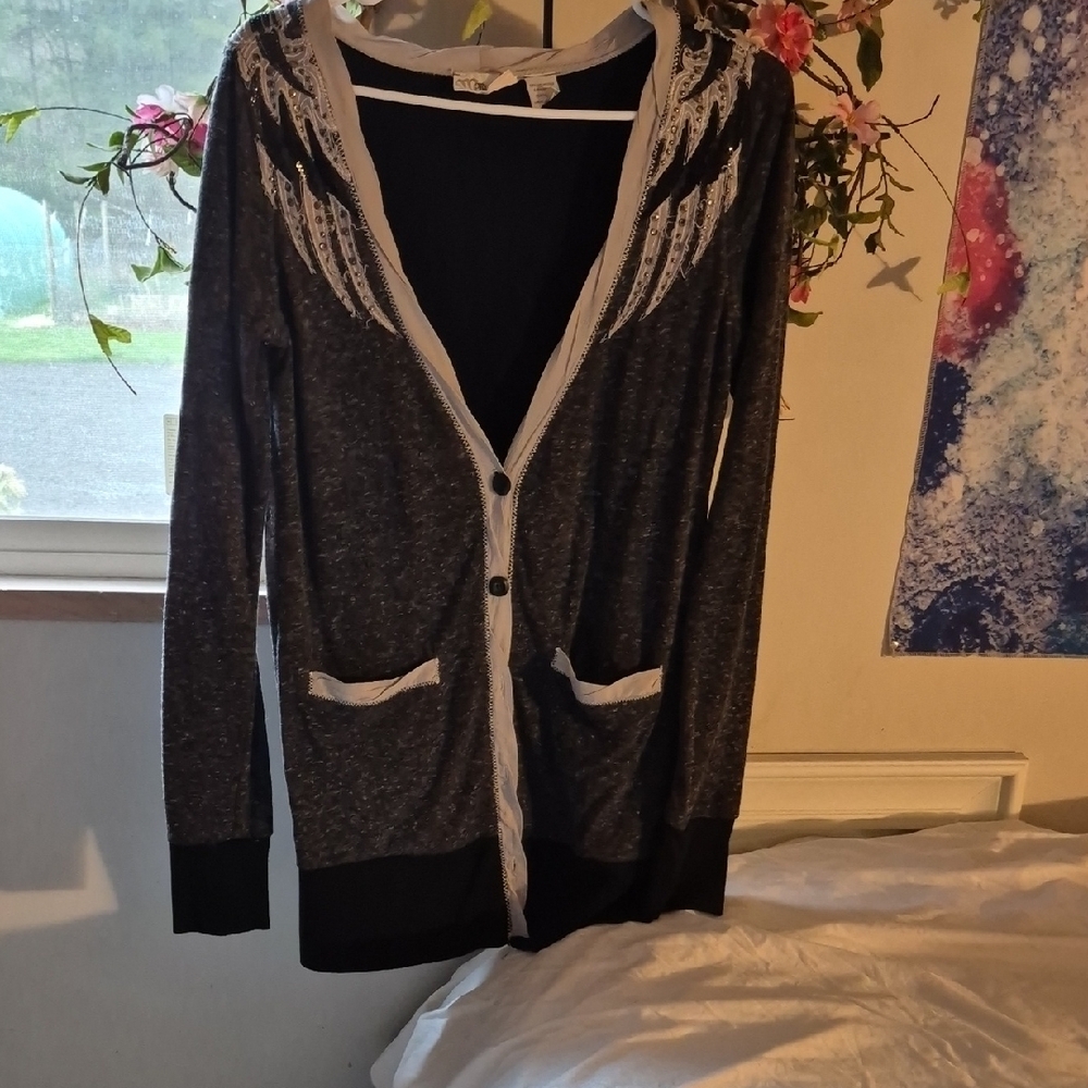 Miss Me Gray and White Cardigan Sweater with V-Neck
